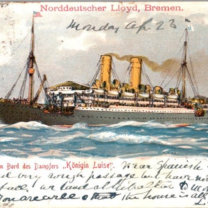 Carte postale ancienne SS KONIGIN LUISE - Norddeutscher Lloyd, Brême - Cachet de la poste 1906 à Gibraltar