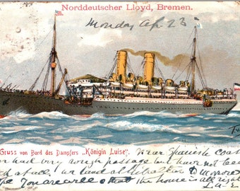 SS KONIGIN LUISE Antique Postcard - Norddeutscher Lloyd, Bremen - Postmarked 1906 in Gibraltar