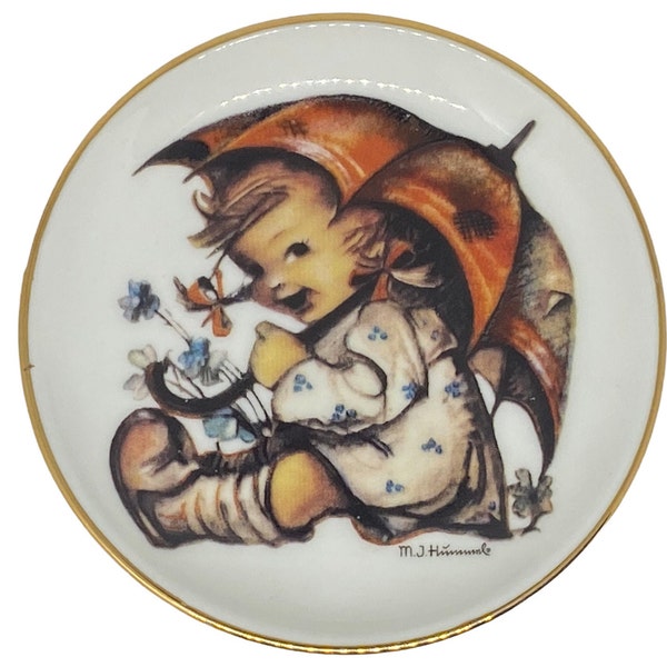 Mini Hummel UMBRELLA GIRL Gold Rimmed Porcelain Collectors Plate or Trinket Dish