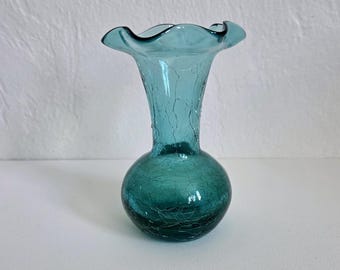 Vintage Teal Crackle Glass Mini Bud Vase Hand Blown Ruffled Rim Accent Piece