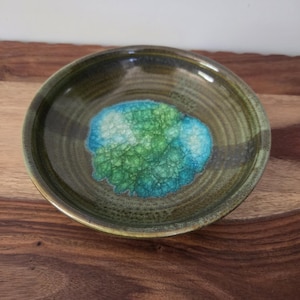 Handmade Studio Pottery Bowl with Melted Glass Center - Geode Style Crackle Glass Decorative Dish