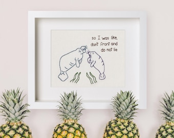 8"x10" Print Manatees Keeping It Real Hand Embroidery