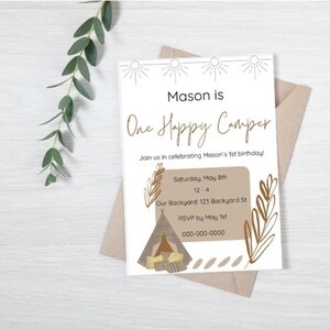 One Happy Camper Birthday Party Invitation Template | Editable Camping Theme Invite | First Birthday Party | Customizable Canva Template