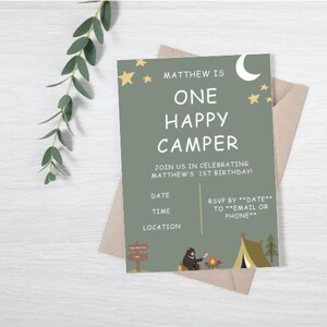 Customizable One Happy Camper First Birthday Invitation Template | Editable & Printable Camping-Themed Invite | Outdoor themed kids birthday