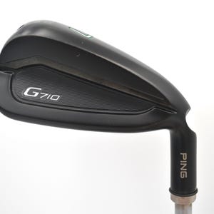 May include: A black PING G710 golf club iron. The club head features the text "G710" in white. The shaft has the word "PING" printed on it. The club is set against a white background.