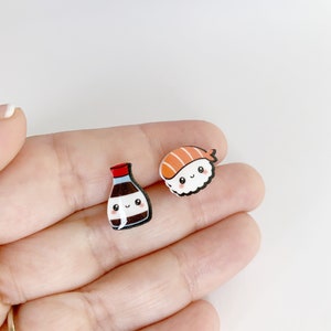 Kawaii Sushi Earrings, Handmade Sushi Mismatched Studs, Kawaii Acrylic Earrings, Silver Cute Food Earrings, Silver Girl Studs