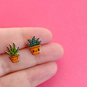 Kawaii Succulent Stud Earrings Silver, Handmade Succulent Mismatched Studs, Plant Lover Gift, Cactus Earrings, Silver Girl Studs