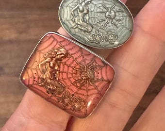 Vintage Sterling Silver Pink Intaglio Spider Woman Man Catcher Ring Size 6.75