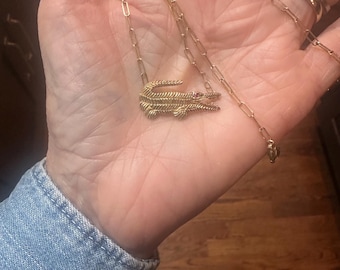 Vintage 18k Gold Paperclip Chain with 14k Gold and Ruby Alligator Pendant Necklace