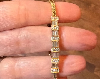 Vintage 18k Yellow Gold Baguette and Round Diamond Bar &  Foxtail Chain Bracelet