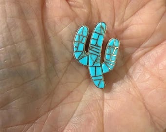 Vintage Zuni Inlay Turquoise Cactus Pendant Pin