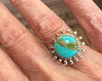 Vintage 14k Gold Art Deco Upcyled Turquoise Flower Sun Ring Size 5.5