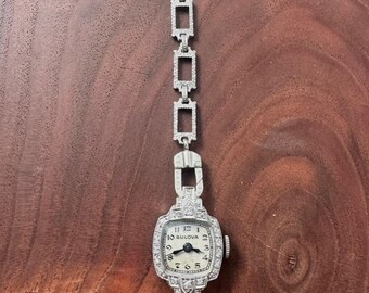 Art Deco Diamond & 14k White Gold Watch on  Clip Chain Extender