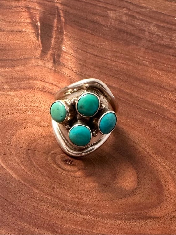 Vintage Sterling Silver and Turquoise Shield Ring… - image 2