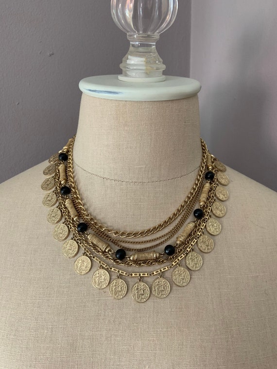 Vintage Mid Century Six Stand Chain Beads and Egy… - image 1