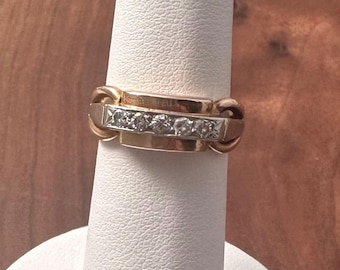 Vintage Two Tone 18k Gold and Diamond 40s Buckle Ring Size 6+