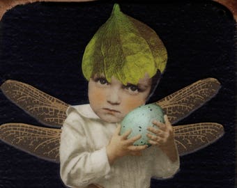 Finn - Handmade Collage Edition -  Hand Painted Background - Printed with Archival Inks - Recycled Wood - Signed by Artist - Free Shipping
