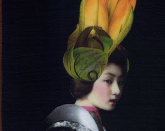 Hanoko - Handmade Collage Edition -  Hand Painted Background - Printed with Archival Inks - Recycled Wood - Signed by Artist - Free Shipping