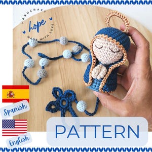 May include: Crochet pattern for a blue and white Virgin Mary figurine with a gold halo. The pattern includes instructions for making a matching rosary with blue and gray beads.
