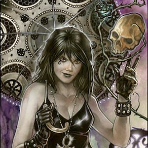May include: A woman with long black hair wearing a black leather outfit stands in front of a large, ornate, silver umbrella. She is holding a silver and black object in her right hand. The background is a purple and black gradient with a full moon and black roses. There are many skulls in the background.