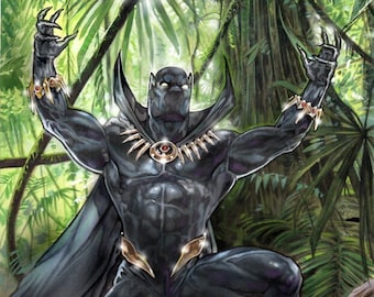 May include: Black Panther, a superhero, stands in a jungle setting. He is wearing a black suit with gold accents and a black cape. He has a fierce expression on his face and his claws are extended.