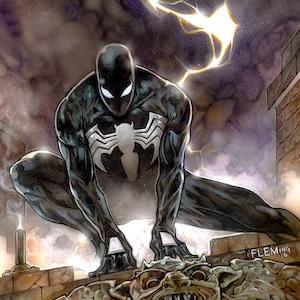 May include: A black and white comic book illustration of a superhero in a black suit with a spider symbol on the chest. The superhero is crouched on a gargoyle with a lightning bolt in the background.