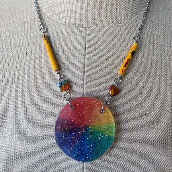 COLOR WHEEL NECKLACE | watercolor rainbow | color wheel pendant | painters necklace | paint brush necklace | art teacher necklace