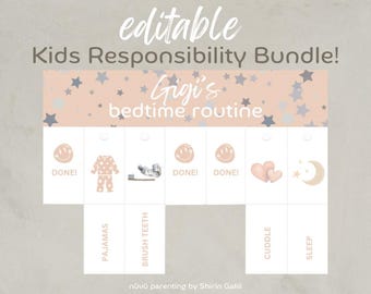 Verantwoordelijkheidsbundel voor kinderen: bewerkbare routine-flipovers voor ochtend, na school en avond plus checklist, lunchboxnotities en menuplanner