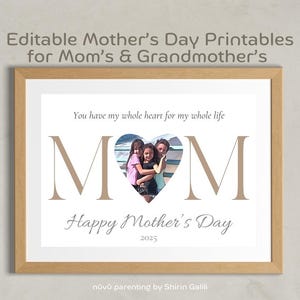Regalo personalizado imprimible para el Día de la Madre: Huella de mano editable, plantillas de fotos para mamá y abuela, recuerdo personalizable, descarga instantánea