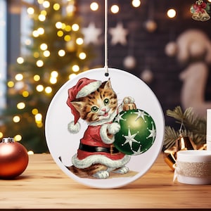 Adorable Christmas Cat Ornament - Santa Kitten with Green Bauble, Perfect Holiday Gift or Festive Tree Decor for Cat Lovers,FAROSA