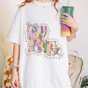 Chemise carte de Mardi Gras Comfort Colors, motif Louisiana State, t-shirt de défilé de perles, haut du carnaval de la Nouvelle-Orléans, tenue de fête de mardi gras