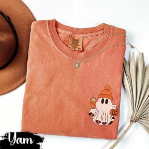 Comfort Colors Ghost Drinking Coffee Shirt, Cute Halloween Coffee Lovers Tee, Pumpkin Coffee Ghost Shirt, Spooky Season Outfit