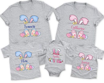 Chemises familiales personnalisées avec lapin de Pâques - T-shirts de Pâques personnalisés avec le nom assorti pour enfants, adultes et bébés - Jolie tenue de printemps pour la famille