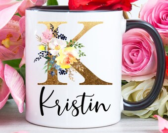 Personalized Coffee Mug | Personalized Name Coffee Cup | Initial Mug | Gold Brown Initial with Flowers Mug | Gift for Friend | Birthday Gift