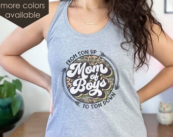Mom of Boys Tank Top | Mother of Boys Shirt |  Graphic Tee for Women | Camo Leopard Print Tee | Son Up Son Down Graphic T-shirt | Mom Gift