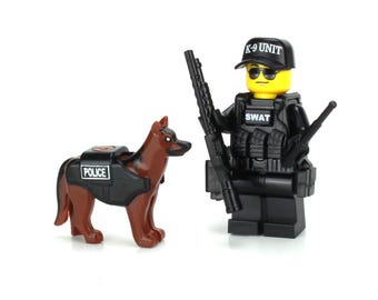 Battle Brick K9 with Police Officer Swat Tactical Minifigure made w/real LEGO® minifigure
