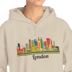 Colorful London Cool Hoodie | Big Ben and Skyline Graphic Sweatshirt | British Travel Gift | Cozy UK City Souvenir Hoodie for Men and Women