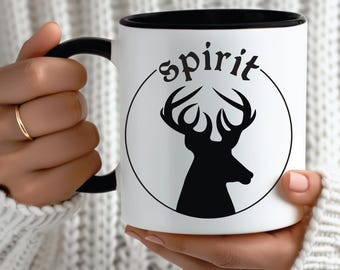 Taza rústica de asta de ciervo con texto "Spirit" / Acogedora taza de café natural para amantes de la vida silvestre, la cabaña y la caza / Idea de regalo única de animales del bosque