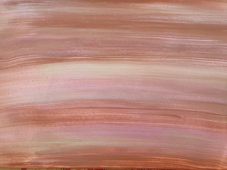 May include: Abstract painting with horizontal brushstrokes in shades of pink, peach, and white.