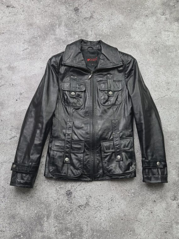 Vintage Black Leather Jacket Women’s Biker Jacket Utility Pockets Buckle Straps Y2K Goth
