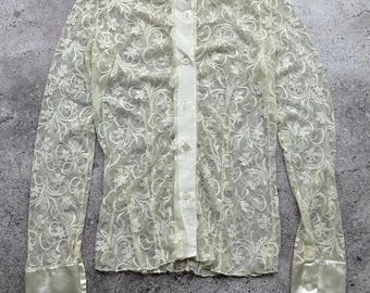 Vintage Sheer Lace Blouse High Neck Floral Top Ruffle Cuff Romantic Y2K Victorian Style