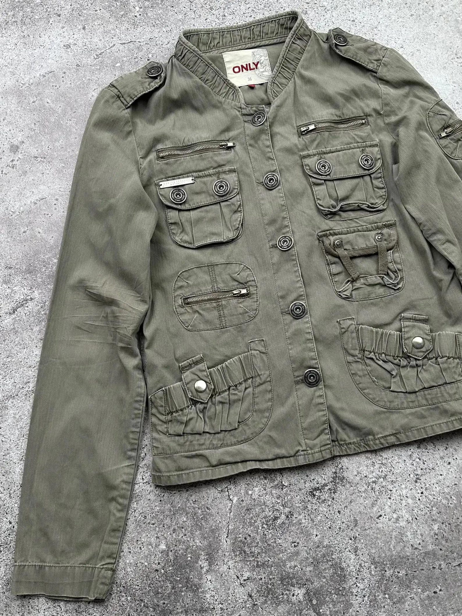Vintage Solid Multi-Pocket Zip Jacket