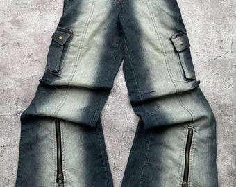 Jeans a zampa d'elefante vintage con cerniera e colori sbiaditi