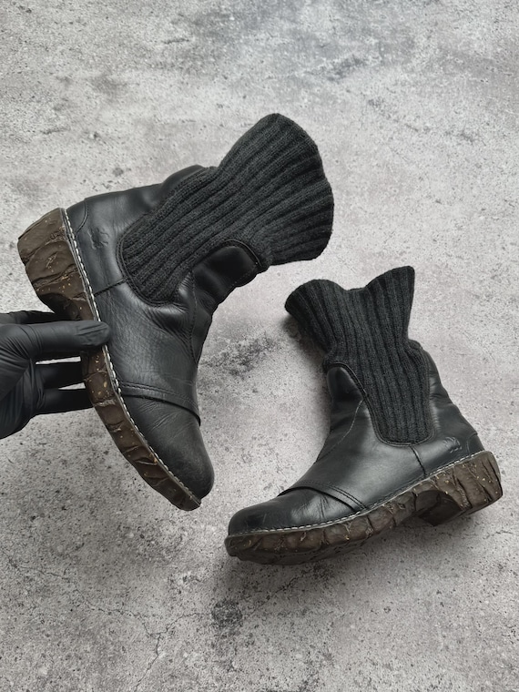 Vintage Black Leather Knit Sock Ankle Boots Chunky Sole Winter Shoes