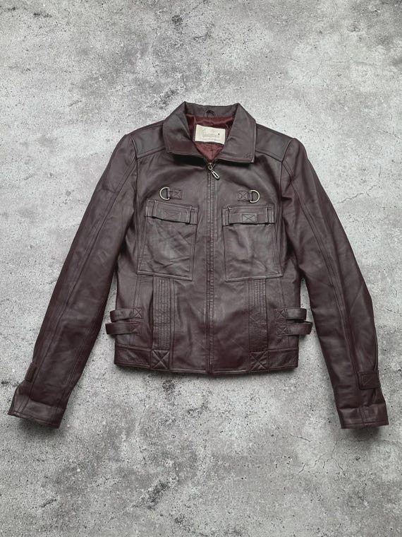 Vintage Real Leather Jacket Women’s Brown Distressed Utility Military Style Y2K