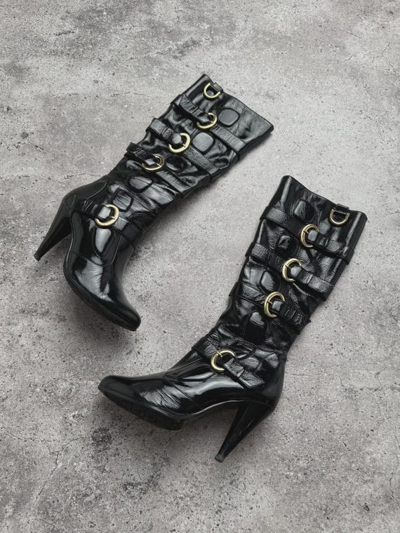 Vintage Black Patent Real Leather Boots Women’s Knee High Heeled Strappy Buckle Y2K