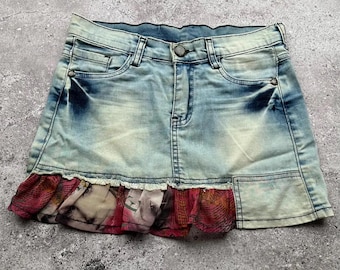 Vintage Printed Faded Denim Mini Skirt