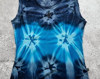 Vintage Y2K Tie Dye Tank Top Blue Sleeveless Shirt Women’s Hippie Boho Streetwear