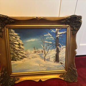 vintage winter forest scenery oil on canvas painting with frame