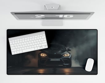 May include: A black car with yellow headlights is driving on a dark road with smoke coming from the tires. The car is a BMW M4.